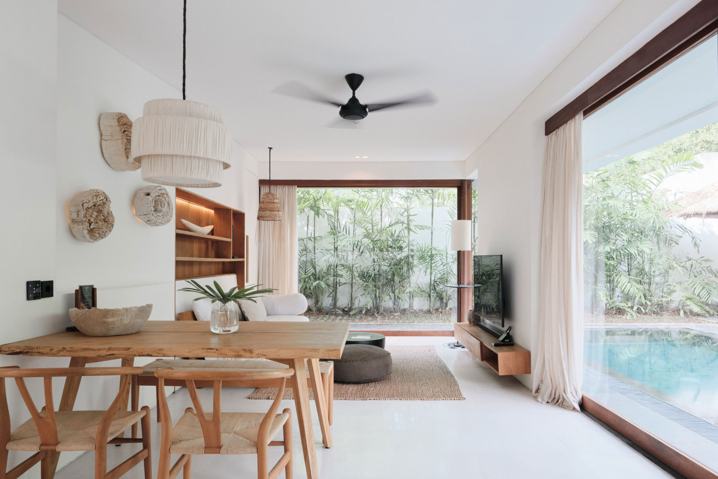 Modern living room design at Bisma Eight. Villa review in Ubud Bali by Softer Volumes